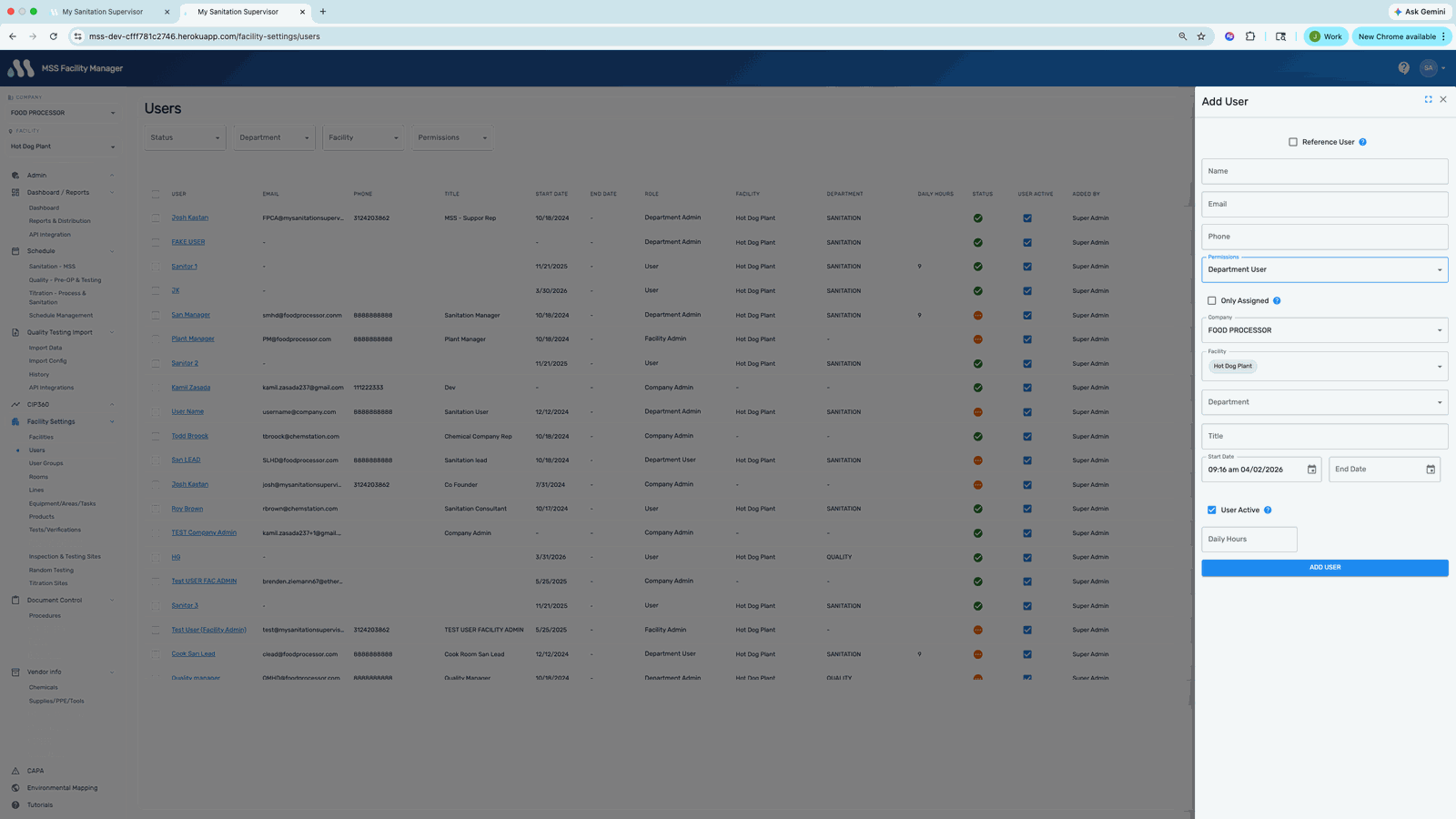MSS unlimited user management — assign roles and departments across sanitation, quality, and maintenance teams