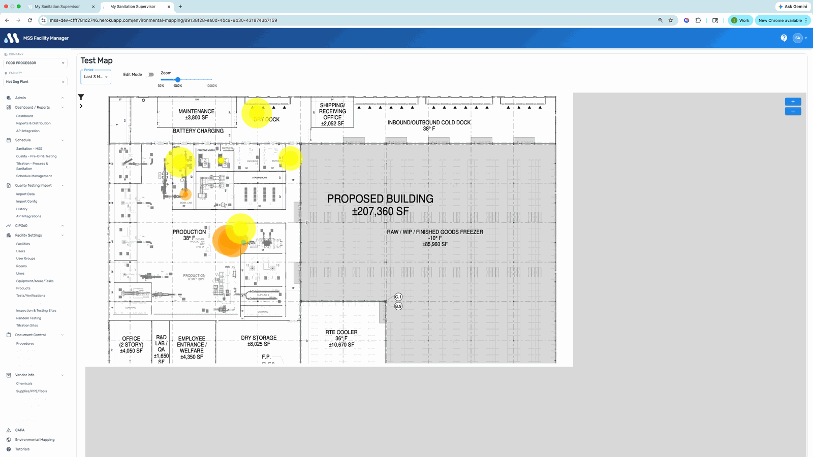 Facility floor plan in MSS with mapped environmental monitoring (EMP) test points and Zone 1–4 sampling locations